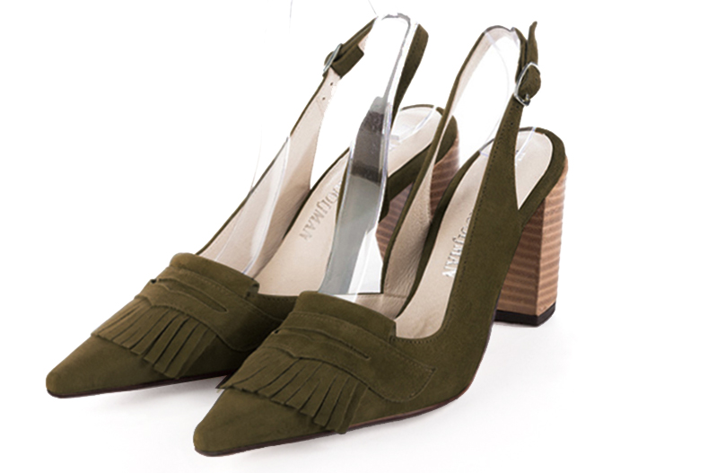 Khaki green women's slingback shoes. Pointed toe. High block heels. Front view - Florence KOOIJMAN